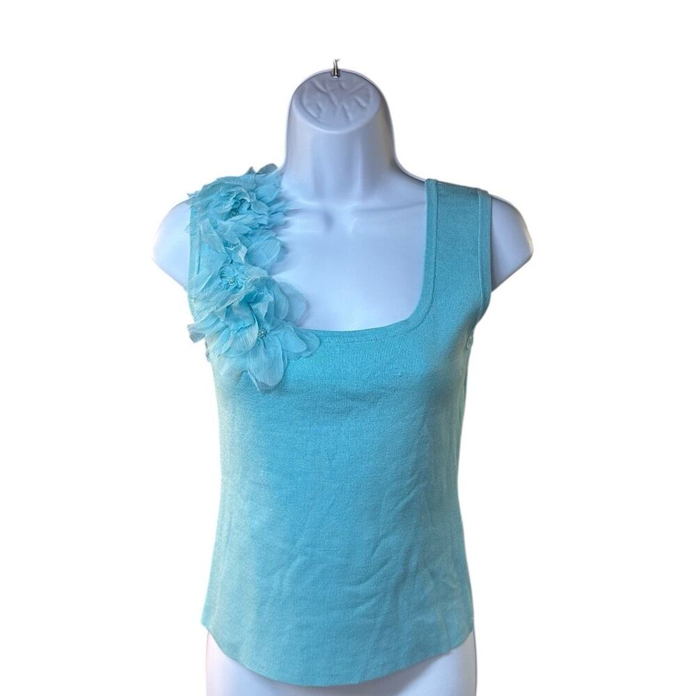 Georgiou Studio Y2K Aqua Silk Blend Knit Resort Tank Top Floral Appliqué Size L